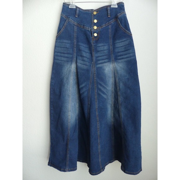 Dresses & Skirts - High Waisted Button Fly Denim Maxi Skirt Dark Wash Flare Medium Tulip Modest